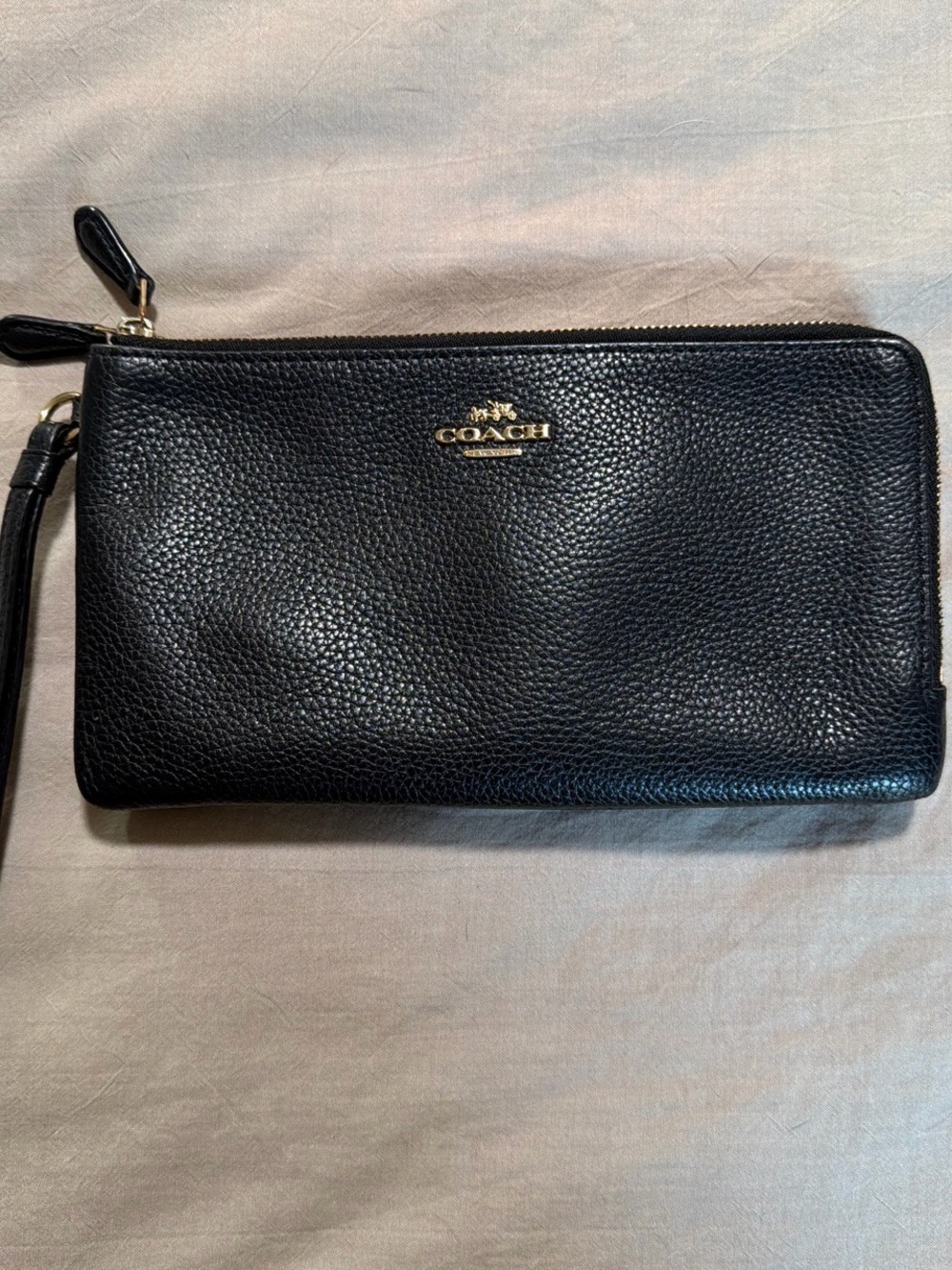 Coach Black Pebbled Leather Wristlet with Gold Logo